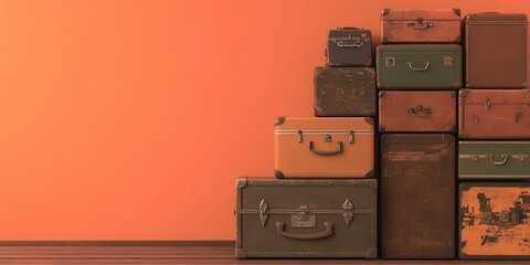 Stack of vintage suitcases against an orange wall. Retro luggage represents travel history and nostalgia in a minimalist setting.