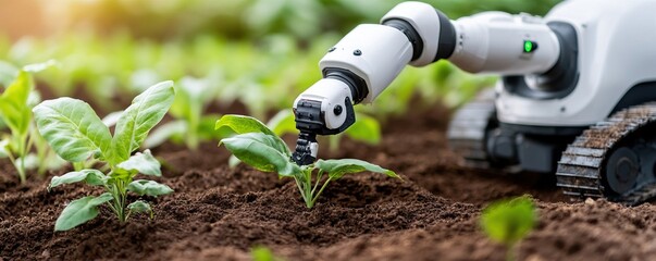 Robot arm tending to young plants in a garden.