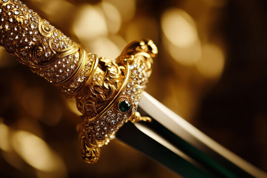 A close up gold sword with emerald and diamonds
