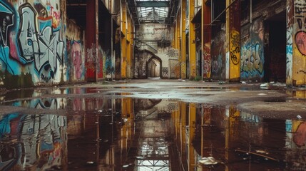 An abandoned warehouse covered in vibrant graffiti near train tracks