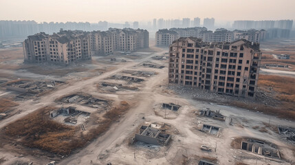 Real Estate Market Crash in China Represented by Unsold Properties and Abandoned Housing Projects, Indicating Widespread Financial Distress and Economic Instability