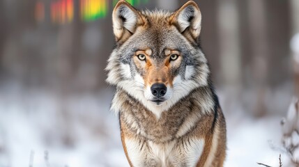 Fototapeta premium A majestic wolf stands in the snow, gazing intently with sharp eyes, surrounded by a serene, wintery forest landscape.