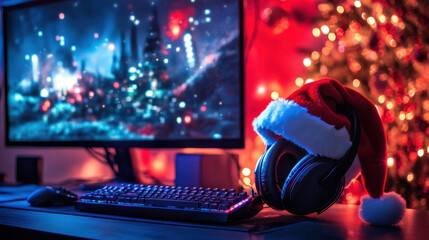 Santa hat at the gamer's computer, Christmas promotion on gaming items