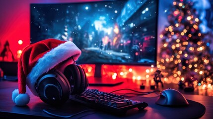 Santa hat at the gamer's computer, Christmas promotion on gaming items
