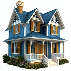 Blue Two Story House with Porch and White Shutters   3D Rendering