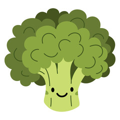 Flat vector illustration on white background in children's style. Broccoli with cute face. Vector illustration