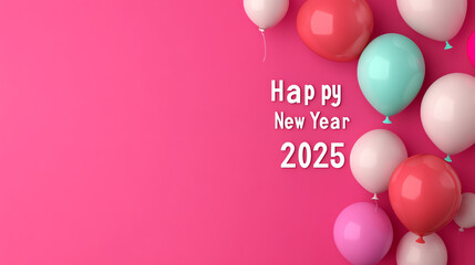 A vibrant collection of colorful balloons on a pink background, celebrating the arrival of the New Year 2025 with a joyful and festive atmosphere.