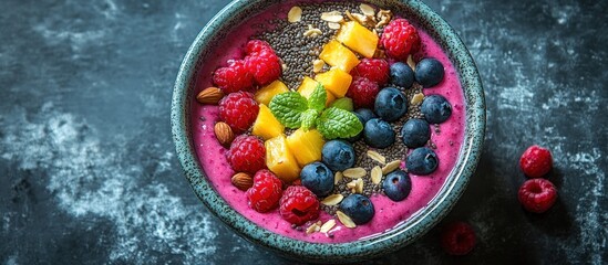 A close-up of a vibrant pink smoothie bowl topped with fresh mango, raspberries, blueberries, almonds, chia seeds, and a sprig of mint.