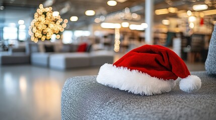 Santa hat in furniture store, Christmas promotion on home furnishings