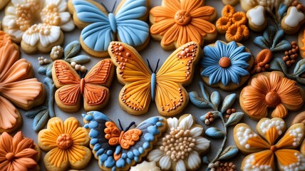 A collection of beautifully decorated cookies in shapes made by cookie cutters--such as butterflies, flowers, and animals