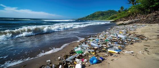 A beach littered with plastic waste and debris, highlighting the environmental impact of pollution on natural landscapes.