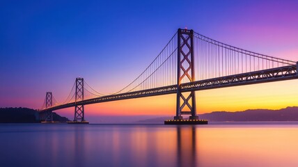 Obraz premium A stunning sunset view of a prominent bridge over calm waters, showcasing vibrant colors and reflections in the sky.