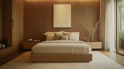 Fototapeta premium Elegant and Cozy Modern Bedroom Interior Design with Stylish Decor, mockup, poster and Background