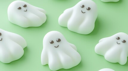 Cute white ghost figures on a vibrant green background.