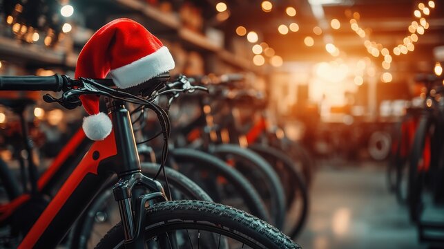 Santa hat on a modern electric bike, Christmas e-bike promotion in a bike shop