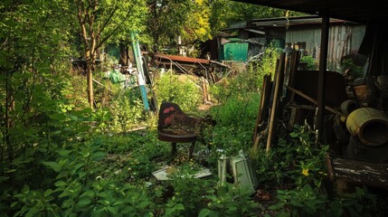 A lush, overgrown garden with scattered furniture and debris, showcasing nature reclaiming an abandoned space.