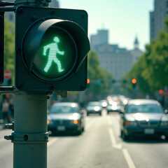 A green pedestrian signal light glowing in an urban environment, emphasizing road safety and encouraging responsible walking behavior.