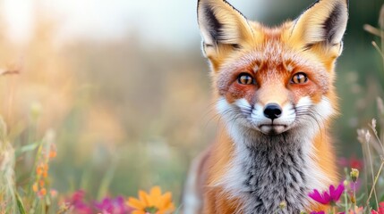 A vibrant red fox stands amidst colorful flowers, showcasing its striking features in a natural, sunlit environment.