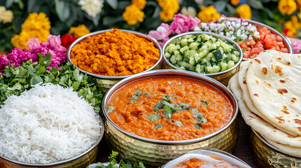 A Festive Indian-Inspired Meal on Colorful Thalis with Aromatic Curries and Warm Naan