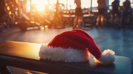 Santa hat on a weight bench at the gym, Christmas promotion for sports passes