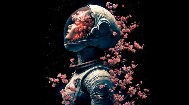 Drawing illustration austronaut with flowers, minimalism