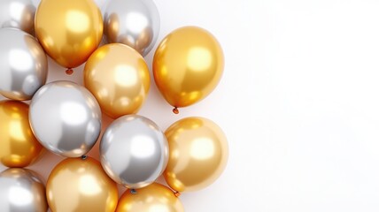 A vibrant collection of gold and silver balloons against a clean white background, perfect for celebration and decoration themes.