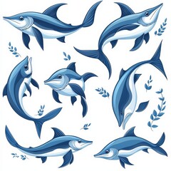 Naklejka premium Blue Marlin Fish Illustration Set Ocean Wildlife Marine Life Underwater Design