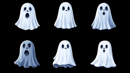 Six expressive cartoon ghosts showcasing a range of emotions against a black background.
