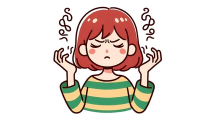 短い赤い髪をした女性がイライラしている様子