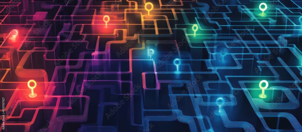 Canvas Prints abstract digital network with glowing connections and pins.