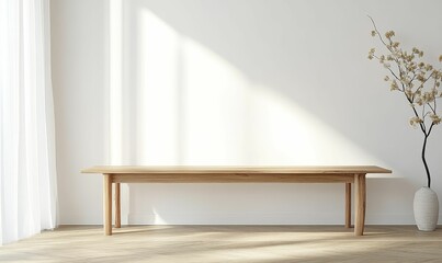Wooden table, white wall, dried flowers, vase.