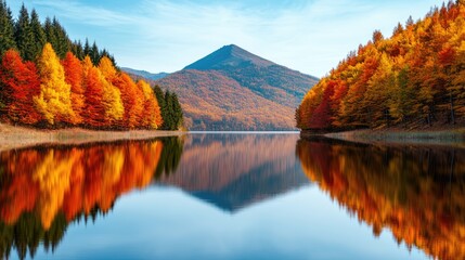 Obraz premium A tranquil landscape featuring a serene lake, surrounded by vibrant autumn trees, with a mountain peak reflecting in the water under a clear blue sky.