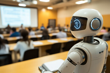 Robot teaching a group of people in a modern classroom, with copy space. 