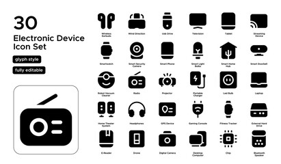 Electronic Device Glyph Icon Set: Home Tech, Office Equipment, and Portable Devices Icons