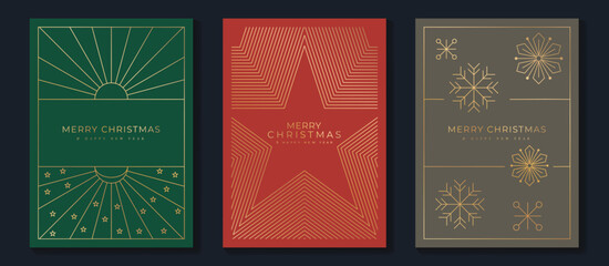 Luxury christmas invitation card art deco design vector. Christmas tree, star, bauble ball, candle line art on green, red and gold  background. Design illustration for cover, poster, wallpaper.