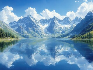 breathtaking scene of a mountain lake reflecting towering peaks under a clear blue sky, showcasing nature's grandeur and tranquility in a harmonious landscape