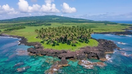 Fototapeta premium Tropical Island Paradise Aerial View of Lush Green Palm Trees and Turquoise Waters