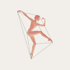 Tender and elegant female ballet dancer performing within abstract geometric elements on white...