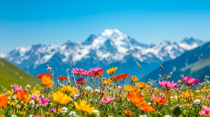 Fototapeta premium A vibrant meadow filled with colorful flowers, set against majestic snow-capped mountains and a clear blue sky.