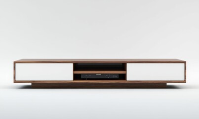 Modern wooden entertainment center with white doors.