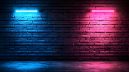 Neon Lights on Brick Wall Background.