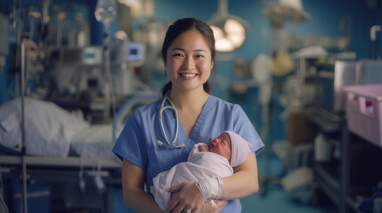 Obraz premium A kind nurse is gently holding a newborn baby within a hospital room