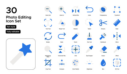 Photo Editing Flat Icon Set: Filters, Cropping, and Photo Enhancement Icons