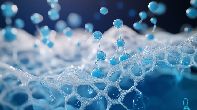 Digital Illustration of Osmosis Demonstrating Water Molecules Moving Through a Semipermeable Membrane from an Area of Lower Solute Concentration to a Higher Solute Concentration, Set Against a Deep Bl