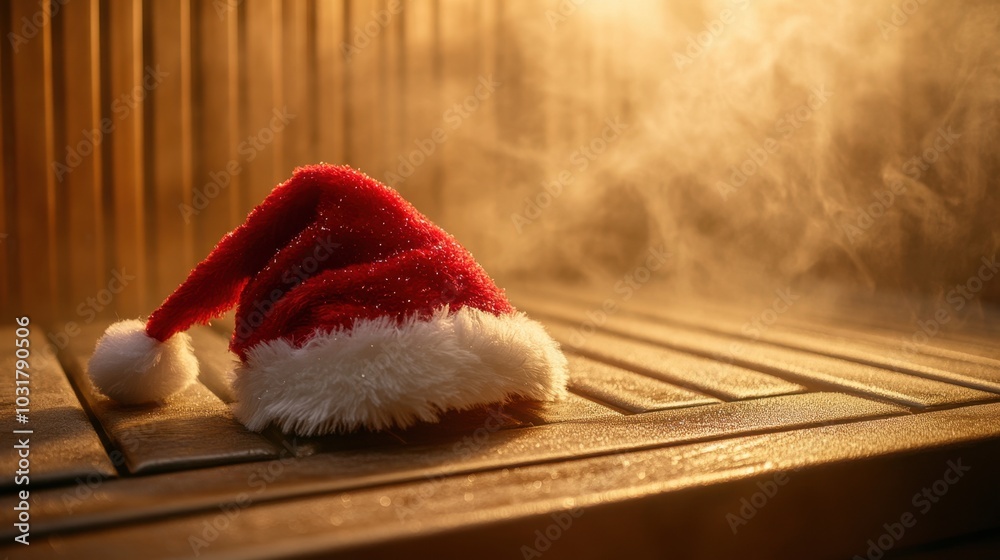 Wall mural santa hat on sauna bench, holiday promotion for spa and wellness salon services