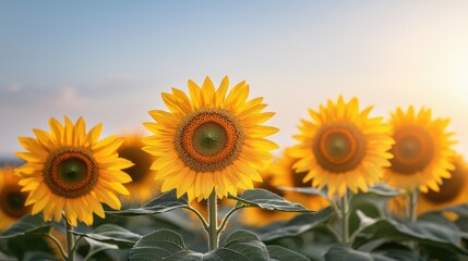 Obraz premium A vibrant field of sunflowers stands tall, bathed in warm sunlight, showcasing nature's beauty and the joy of blooming flowers.