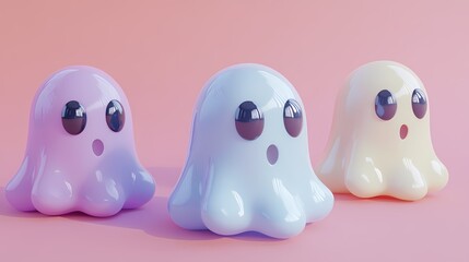 Three cute animated ghost characters in pastel colors with expressive eyes.