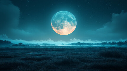 Full moon over lush landscape under clear night sky
