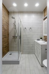 Modern and Functional Bathroom Design with Wooden Accents