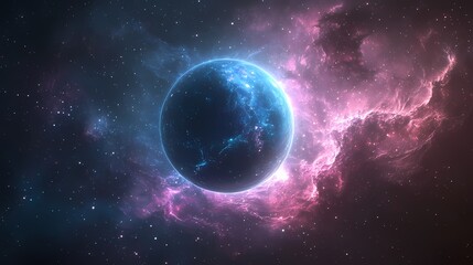 A vibrant blue planet surrounded by colorful cosmic clouds and twinkling stars.